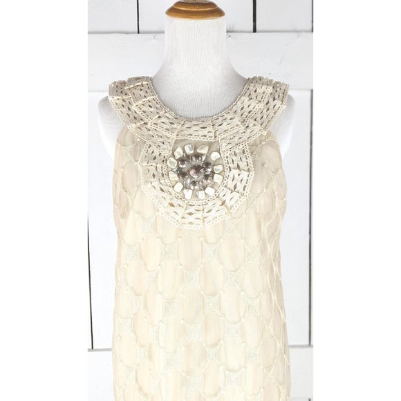 Ivory cream beaded crochet lace sheer net overlay sleeveless tunic dress 6 - Picture 3 of 8